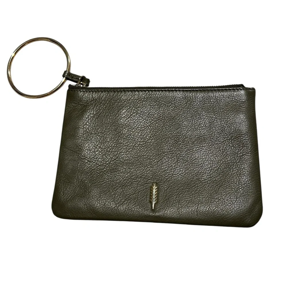 Thacker New York Olive Green Leather Clutch / Wristlet with Ring handle.